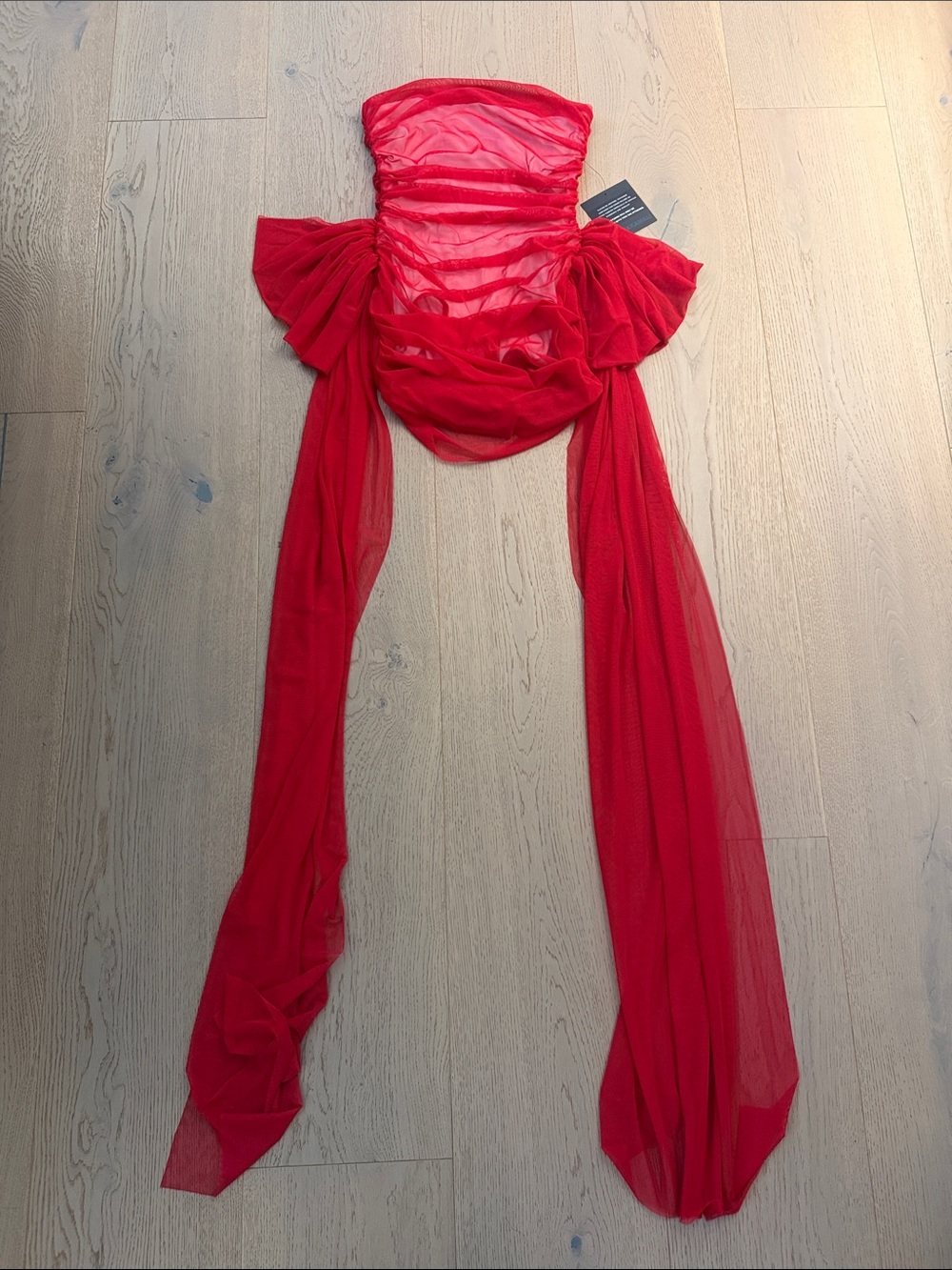 Norma Kamali Red Strapless Draped Mesh Dress with Long Sashes